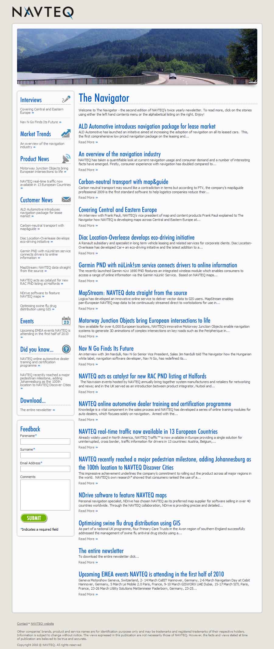 NAVTEQ news homepage.