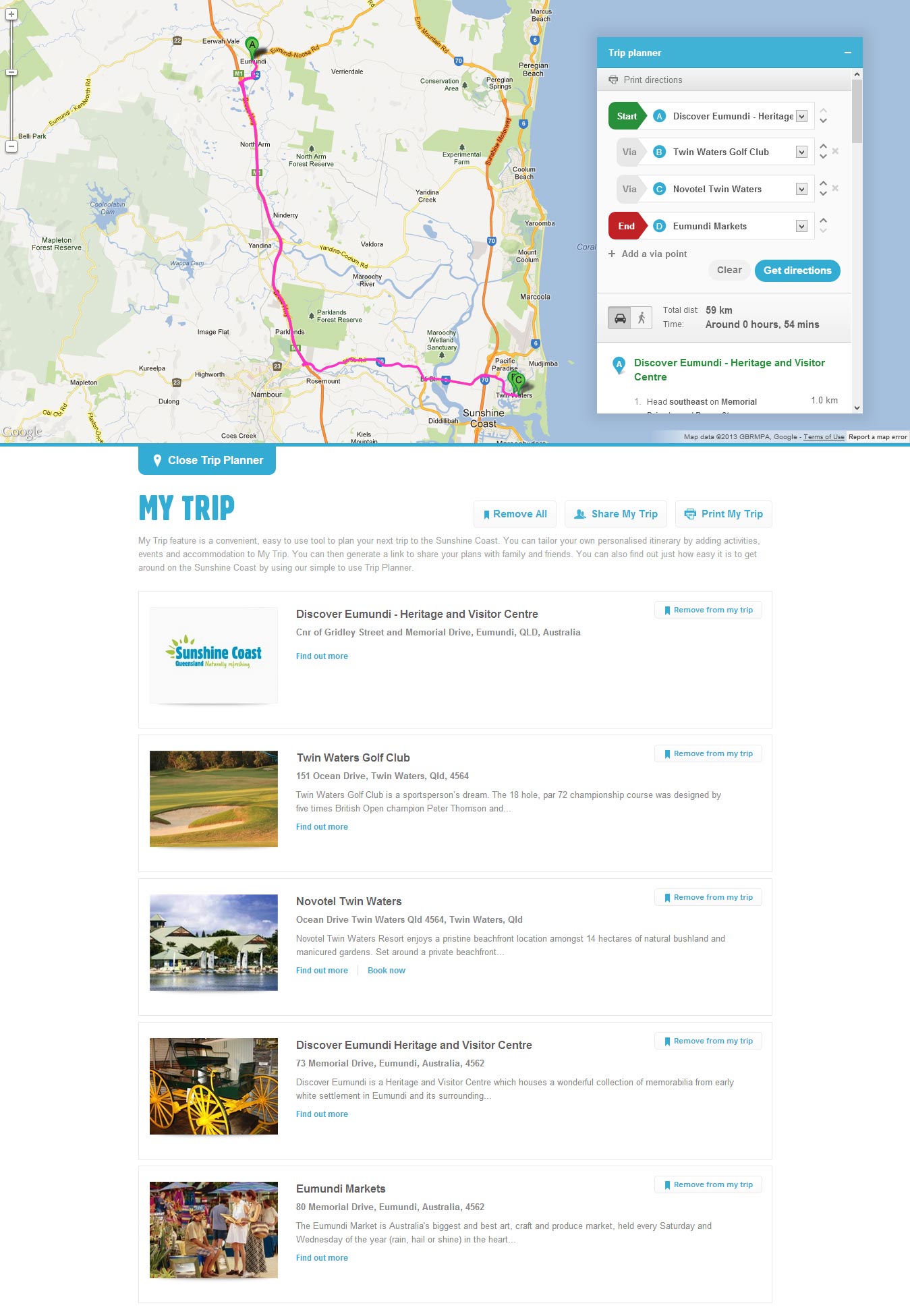 Sunshine Coast trip planner page.